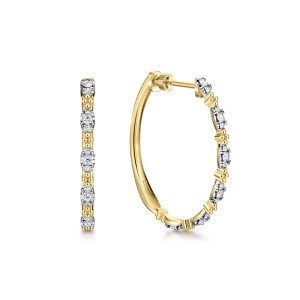 Gabriel & Co. EG15125Y45JJ 14 karat yellow gold Bujukan earrings, front view of the pair, one edge on with stations and one open showing the post