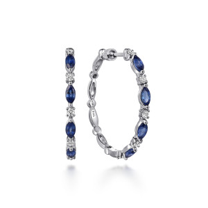 Gabriel & Co. EG15129W45SA 14 karat white gold Color earrings, front view of the pair, blue marquise stones alternating with round diamonds and openwork inside