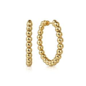 Gabriel & Co. EG15132Y4JJJ 14 karat yellow gold Bujukan earrings, front view of the pair showing the full ring of round polished beads and the post