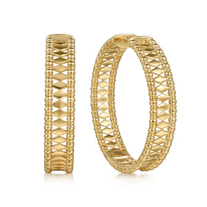 Gabriel & Co. EG15133Y4JJJ 14 karat yellow gold Bujukan earrings, front view of the pair, one edge on showing beaded sides and lozenge plates, one open