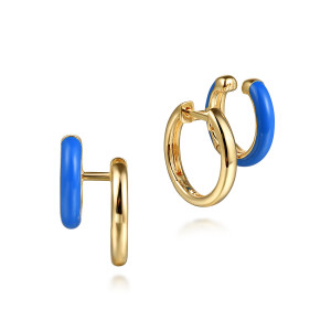 Gabriel & Co. EG15138ECY4JJJ 14 karat yellow gold Contemporary earrings, angled view of the pair, one earring edge on beside one turned to show the open blue band
