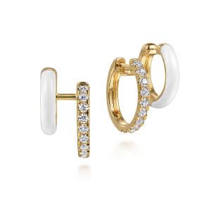 Gabriel & Co. EG15139E9Y45JJ 14 karat yellow gold Contemporary earrings, front view of the pair, one earring side on with the diamond row beside the white enamel band