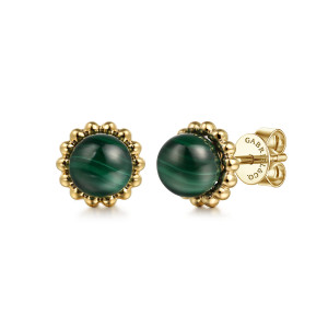 Gabriel & Co. EG15156Y4JMA 14 karat yellow gold Bujukan earrings, front view of both earrings, a banded green stone inside a beaded rim