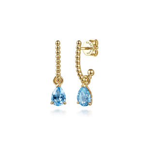Gabriel & Co. EG15161Y4JBT 14 karat yellow gold Bujukan earrings, front view of two beaded bars with blue pear stones, one turned to show the post