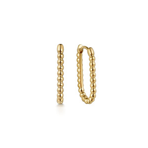 Gabriel & Co. EG15163Y4JJJ 14 karat yellow gold Bujukan earrings, front view of two matching oval huggies, one seen edge on, each a rippled line of metal beads