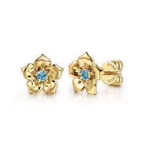 Gabriel & Co. EG15170Y4JBT 14 karat yellow gold Contemporary earrings, front view of the pair, petaled flowers around a blue stone, push back on one