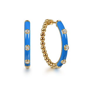 Gabriel & Co. EG15178ECY45JJ 14 karat yellow gold Bujukan earrings, front view of the pair, blue enamel fronts dotted with bezel set round diamonds