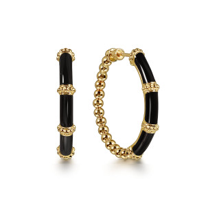 Gabriel & Co. EG15179E8Y4JJJ 14 karat yellow gold Bujukan earrings, front view of the pair with black enamel sections set between textured collars