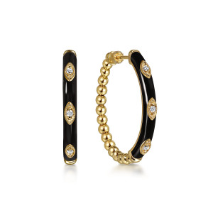 Gabriel & Co. EG15180E8Y45JJ 14 karat yellow gold Bujukan earrings, front view of the pair, one showing the enamel face and one the bead half