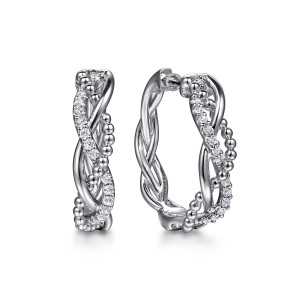 Gabriel & Co. EG15183SVJWS sterling silver Bujukan earrings, front view of the pair showing the crossing strands, beaded line and stone row