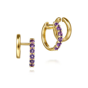 Gabriel & Co. EG15194Y4JAM 14 karat yellow gold Color earrings, front view of the pair, a side profile of the joining bar beside the hinged hoop