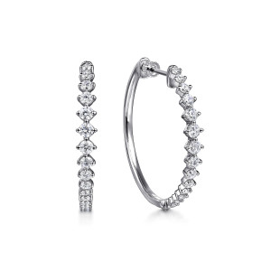 Gabriel & Co. EG15195W45JJ 14 karat white gold Lusso earrings, front view of the pair, one hoop edge on, the diamond line widening mid curve