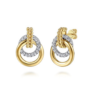 Gabriel & Co. EG15201M45JJ 14 karat white and yellow gold Bujukan earrings, front view of the pair showing the beaded bar, the diamond circle and the smooth ring below it