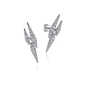 Gabriel & Co. EG15210W45JJ 14 karat white gold Kaslique earrings, front view of the mirrored pair, each with tapering points and a post and push back on one