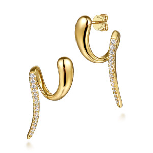 Gabriel & Co. EG15216Y45JJ 14 karat yellow gold Contemporary earrings, angled view of the pair, mirrored swirls with diamonds along each tapering tail