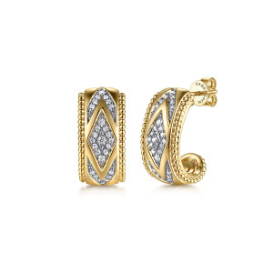 Gabriel & Co. EG15226Y45JJ 14 karat yellow gold Bujukan earrings, front view of the pair, chevron ribs and pave lozenge beside a post with a push back