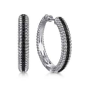 Gabriel & Co. EG15227SVJBS sterling silver Bujukan earrings, front view of the pair, a black stone line between two bead rows on each wide hoop