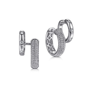 Gabriel & Co. EG15231SVJWS sterling silver Bujukan earrings, front view of the pair, one hoop covered in metal beads beside a smooth hoop with stones