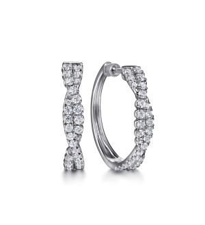 Gabriel & Co. EG15238W45JJ 14 karat white gold Lusso earrings, front view of two round hoops, one edge on showing the crossing stone strands