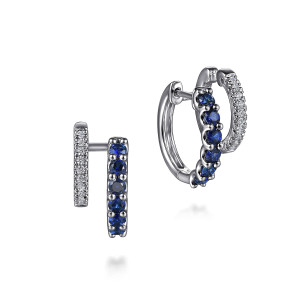 Gabriel & Co. EG15244W45SA 14 karat white gold Color earrings, front view of the pair, one band of blue prong set stones beside a band of pave stones