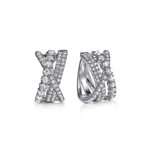 Gabriel & Co. EG15271W45JJ 14 karat white gold Lusso earrings, front view of the pair, an X of stone bands with a pave band over a spaced line