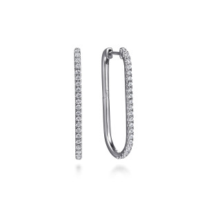 Gabriel & Co. EG15272W45JJ 14 karat white gold Lusso earrings, front view of two straight sided hoops, diamonds down one side and a plain polished opposite side