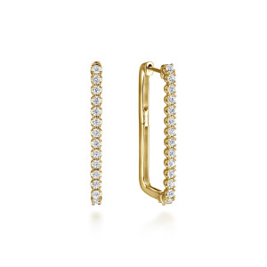 Gabriel & Co. EG15275Y45JJ 14 karat yellow gold Lusso earrings, front view of both hoops, one showing the stone row edge on and one the smooth inner bar