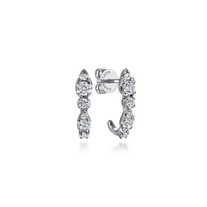 Gabriel & Co. EG15279W45JJ 14 karat white gold Lusso earrings, front view of the pair, one earring turned to show the push back and maker's mark