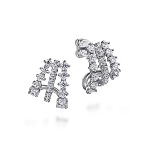 Gabriel & Co. EG15286W45JJ 14 karat white gold Lusso earrings, front view of a pair of fanned earrings with three curved rows of colorless stones