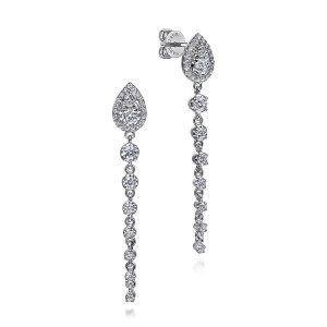 Gabriel & Co. EG15287W45JJ 14 karat white gold Lusso earrings, front view of the pair, the pave pear frame around a round diamond above the hanging line