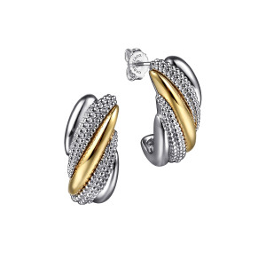 Gabriel & Co. EG15289MZJJJ sterling silver and 14 karat yellow gold Bujukan earrings, angled view of a pair, one facing front and one turned to show the post and push back