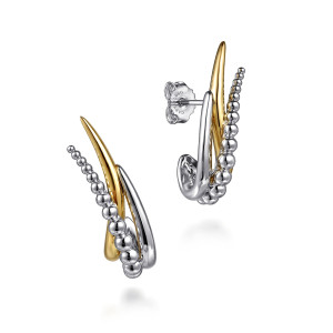 Gabriel & Co. EG15290MZJJJ sterling silver and 14 karat yellow gold Bujukan earrings, angled view of the pair, one showing the post, push back and a maker's mark on the back