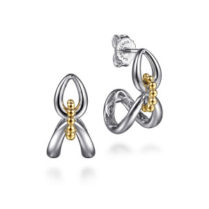Gabriel & Co. EG15294MZJJJ sterling silver and 14 karat yellow gold Bujukan earrings, front view of the pair, linked glossy loops joined by a short column of metal beads