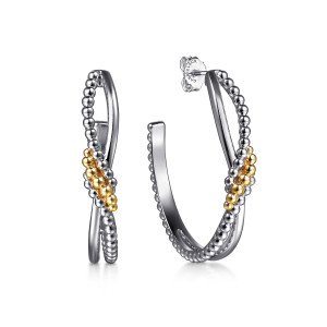 Gabriel & Co. EG15296MZJJJ sterling silver and 14 karat yellow gold Bujukan earrings, front view of the pair, crossing strands with a cluster of warm toned beads and a push back