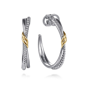 Gabriel & Co. EG15297MZJJJ sterling silver and 14 karat yellow gold Bujukan earrings, front view of the pair, beaded and smooth bands crossing under a small twisted wrap
