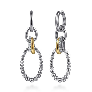 Gabriel & Co. EG15299MZJWS sterling silver and 14 karat yellow gold Bujukan earrings, front view of the pair, graduated bead ovals hanging from linked huggies and a stone row