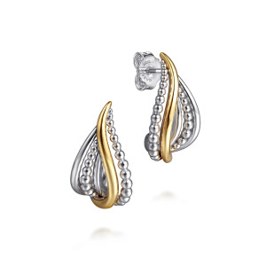 Gabriel & Co. EG15302MZJJJ sterling silver and 14 karat yellow gold Bujukan earrings, angled view of the pair, one earring turned to show its post and push back