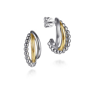 Gabriel & Co. EG15303MZJJJ sterling silver and 14 karat yellow gold Bujukan earrings, front view of two crescent earrings, one with the beaded edge forward and one showing the push back