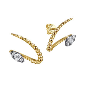Gabriel & Co. EG15306M45JJ 14 karat white and yellow gold Bujukan earrings, front view of the pair, each beaded climber ending in a pointed oval of diamonds