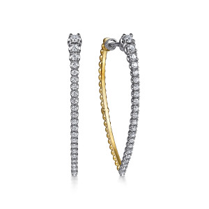 Gabriel & Co. EG15314M45JJ 14 karat white and yellow gold Bujukan earrings, front view of the pair, a pointed hoop of stones with a polished bead arm behind