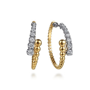 Gabriel & Co. EG15315M45JJ 14 karat white and yellow gold Bujukan earrings, front view of the pair with the bead half crossing the graduated diamond row
