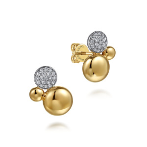 Gabriel & Co. EG15322M45JJ 14 karat white and yellow gold Bujukan earrings, front view of a pair, a pave disc above a bigger polished sphere and a smaller one