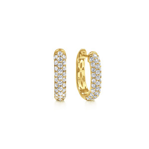 Gabriel & Co. EG15328Y45JJ 14 karat yellow gold Lusso earrings, front view of both huggies, pave covering the domed face of the left one