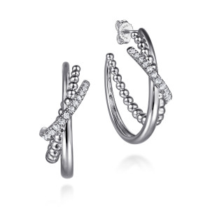 Gabriel & Co. EG15334SVJWS sterling silver Bujukan earrings, front view of two open hoops with crossing bead and stone strands, a maker's mark at the post