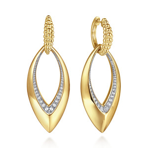 Gabriel & Co. EG15337Y45JJ 14 karat yellow gold Bujukan earrings, front view of the pair, beaded hinged tops above open pointed ovals lined with diamonds