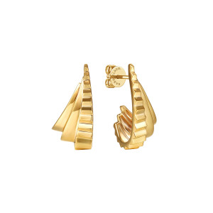 Gabriel & Co. EG15343Y4JJJ 14 karat yellow gold Contemporary earrings, front view of the pair, ridged edge, layered smooth panels and push back with a maker's mark