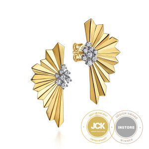 Gabriel & Co. EG15345M45JJ 14 karat white and yellow gold Contemporary earrings, front view of the pair, pleated half fans mirrored, with diamond clusters at their bases