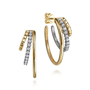 Gabriel & Co. EG15353M45JJ 14 karat white and yellow gold Contemporary earrings, front view of two split hoops, the smooth arc, ribbed strand and diamond strand side by side