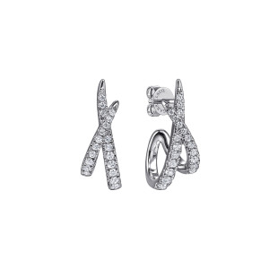 Gabriel & Co. EG15359W45JJ 14 karat white gold Kaslique earrings, front view of two crossover earrings, one showing the stone X and one showing the loop behind