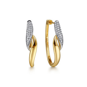 Gabriel & Co. EG15365M45JJ 14 karat white and yellow gold Contemporary earrings, front view of the pair, each stone panel folding over a smooth polished curve in a ribbon twist